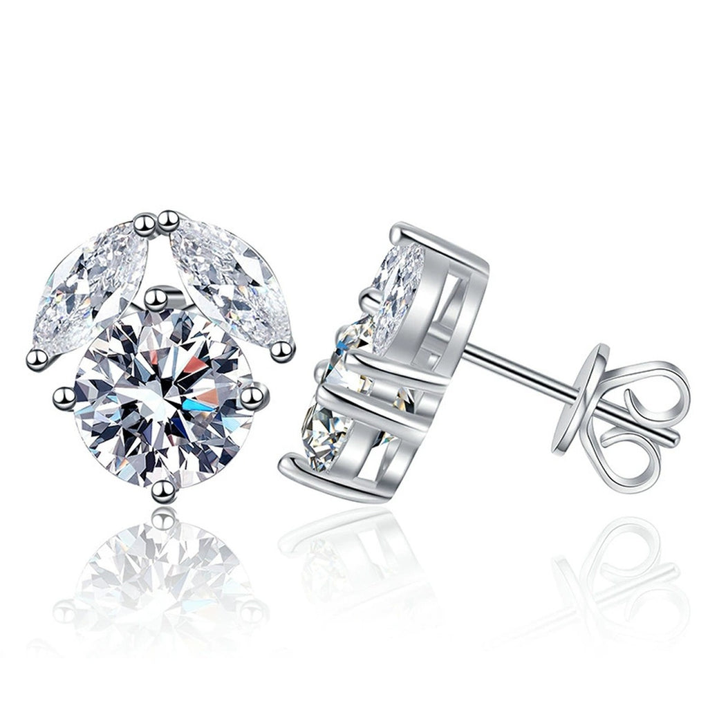 Round Cluster Moissanite Stud Earrings with CZ in White Gold-Plated S925 on clean white background showing round cluster studs with a raised moissanite center and halo-like sides