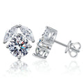 Round Cluster Moissanite Stud Earrings with CZ in White Gold-Plated S925 on clean white background showing round cluster studs with a raised moissanite center and halo-like sides