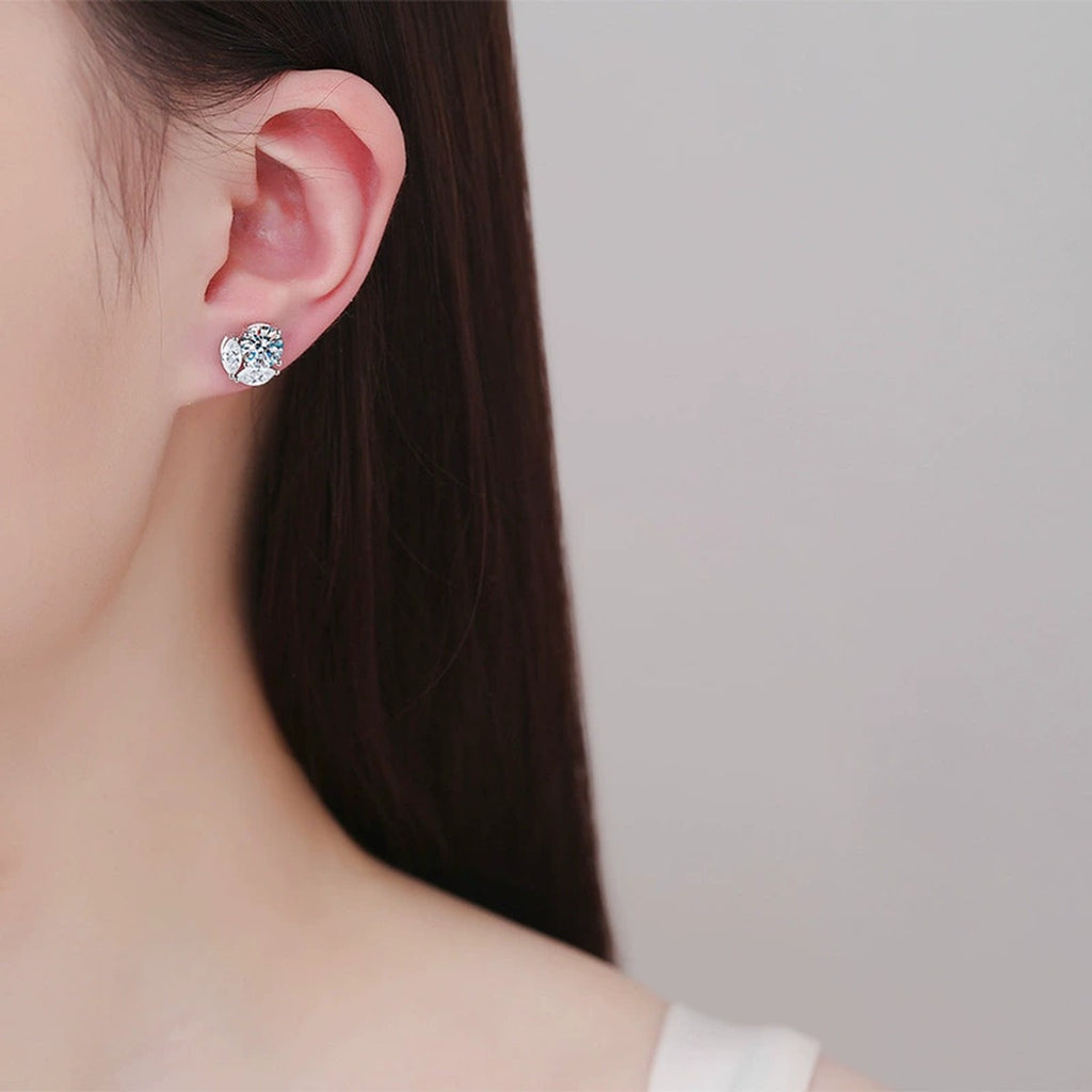 Round Cluster Moissanite Stud Earrings with CZ in White Gold-Plated S925 worn on ear by model