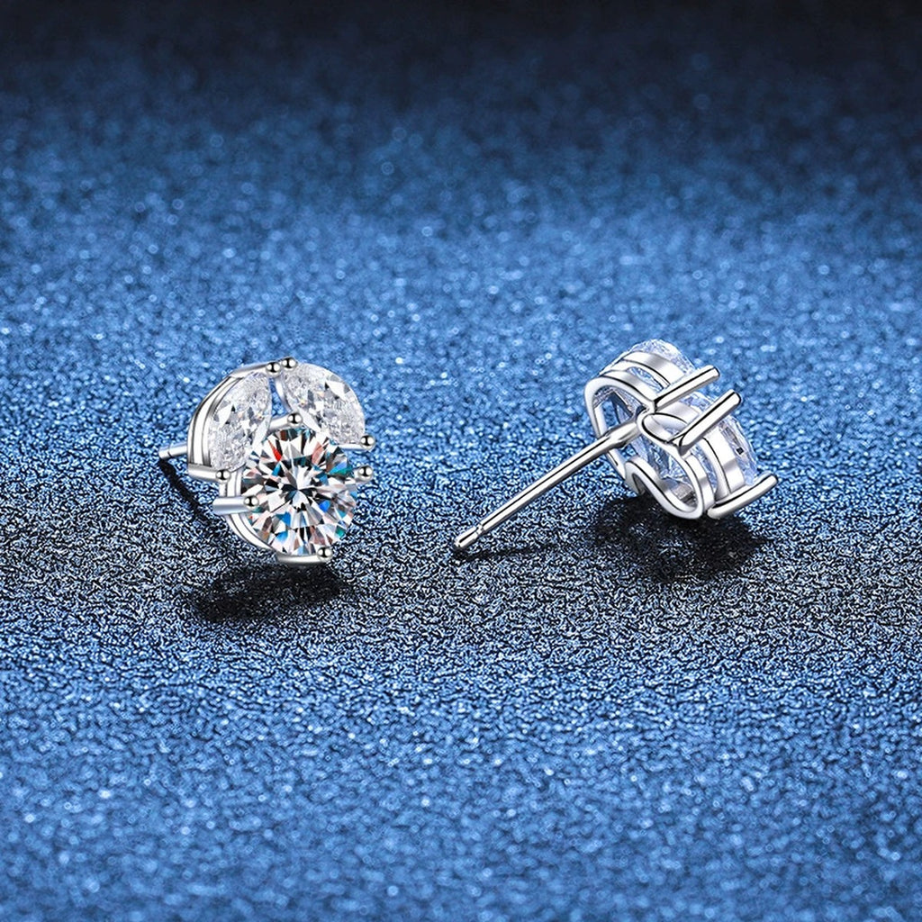 Round Cluster Moissanite Stud Earrings with CZ in White Gold-Plated S925 blue scene angled view