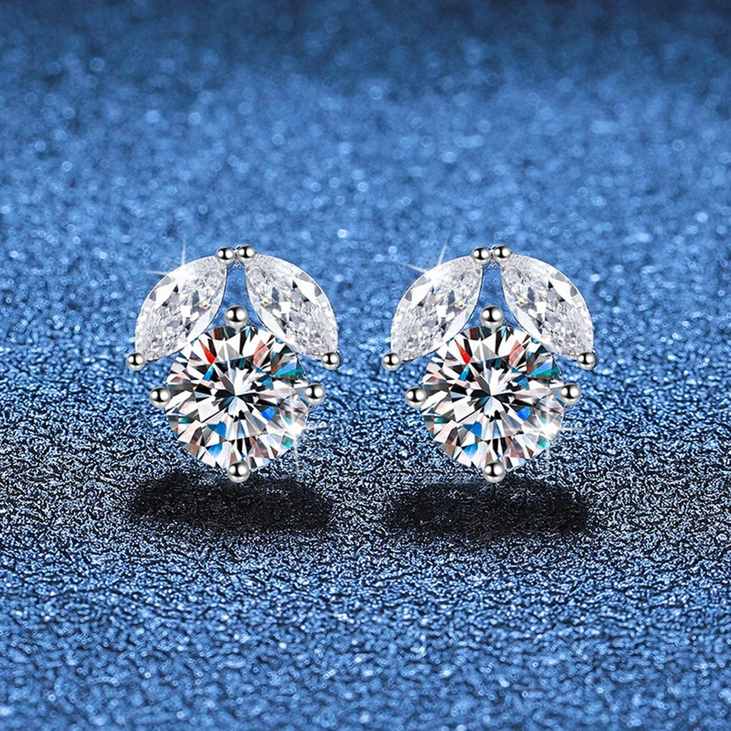 Round Cluster Moissanite Stud Earrings with CZ in White Gold-Plated S925 blue scene close-up view