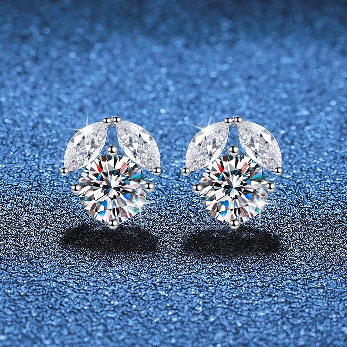 Round Cluster Moissanite Stud Earrings with CZ in White Gold-Plated S925 blue scene close-up view