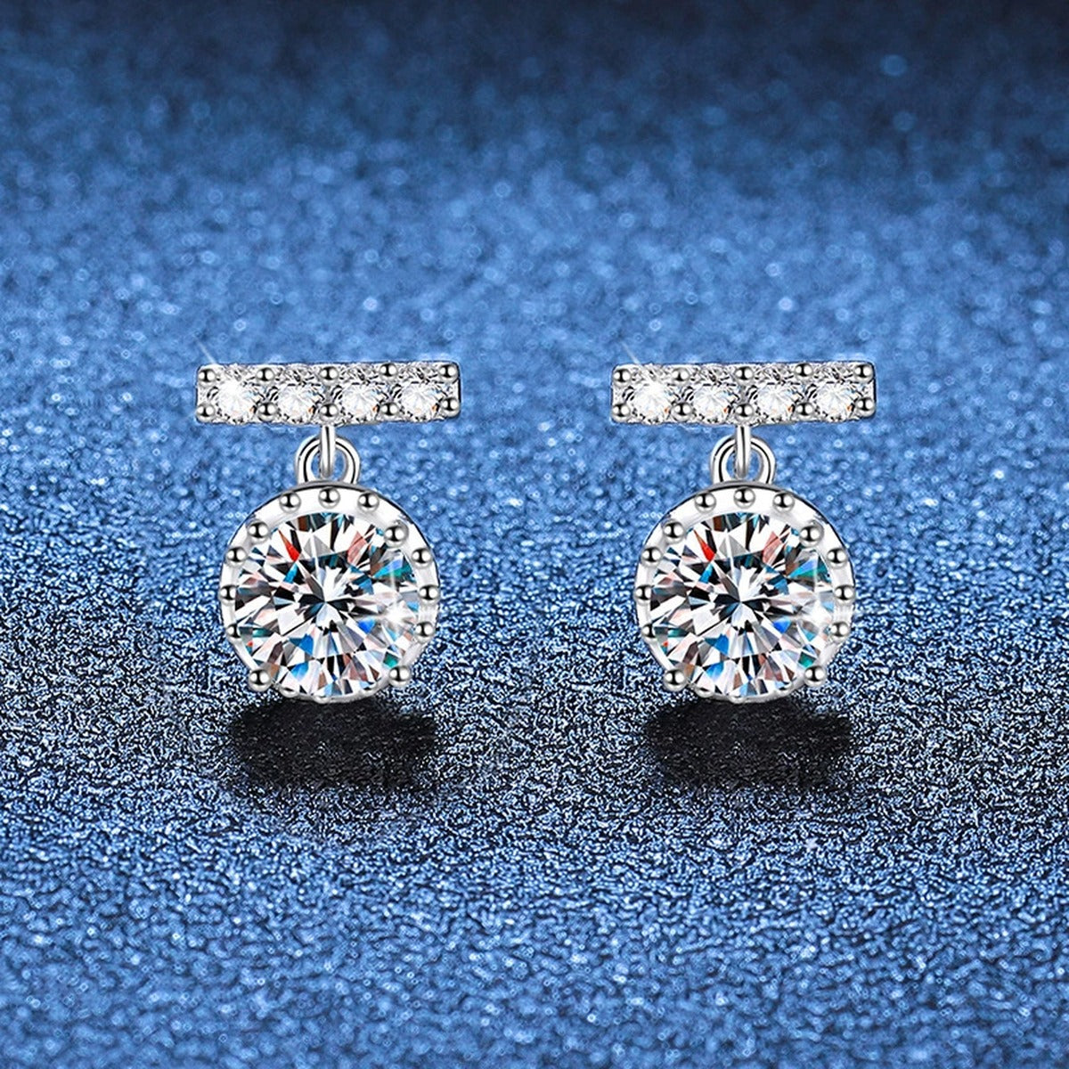 Round Halo Moissanite Stud Earrings with CZ in White Gold-Plated S925 blue scene angled view