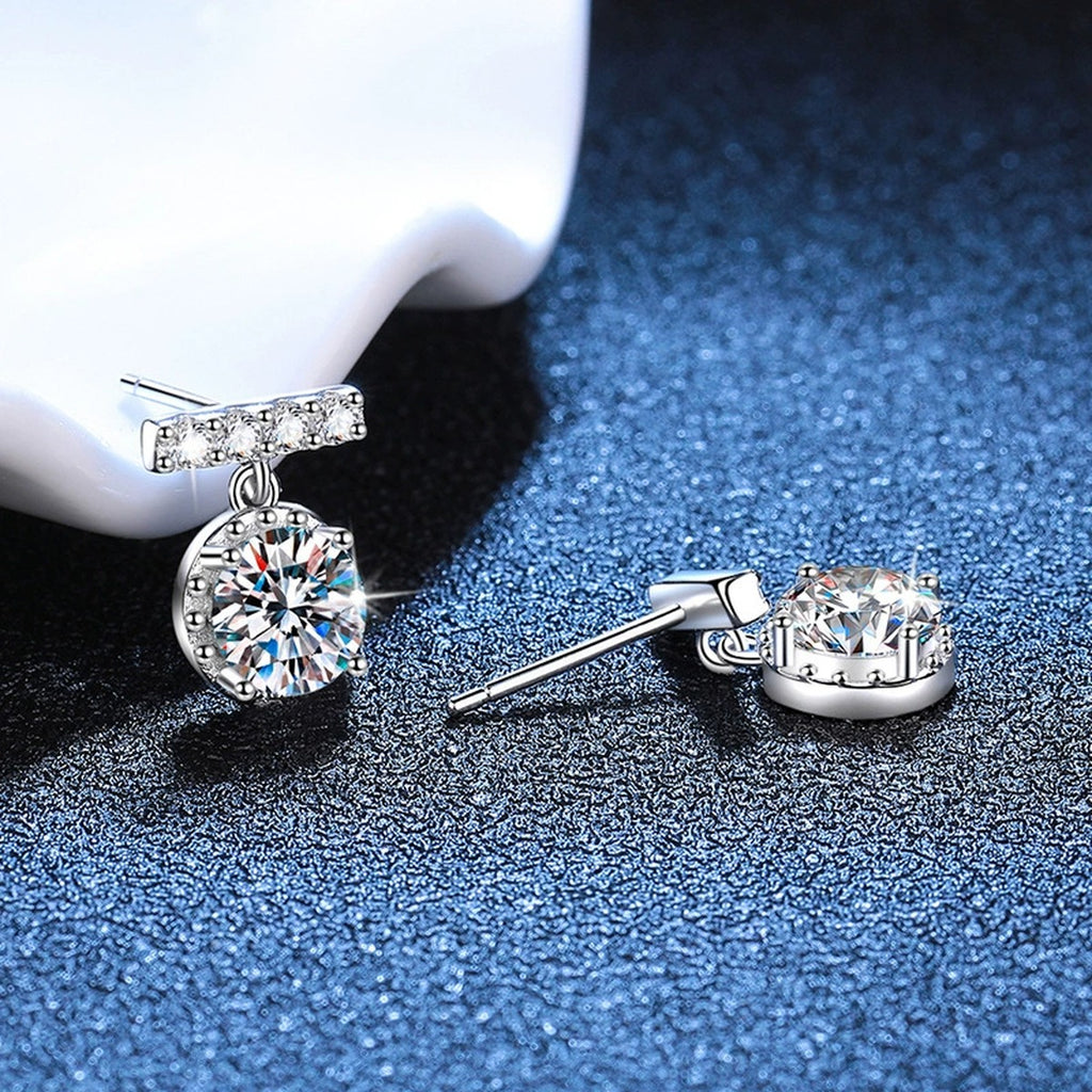 Round Halo Moissanite Stud Earrings with CZ in White Gold-Plated S925 blue scene close-up view