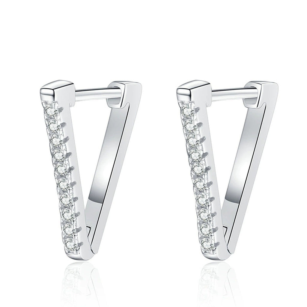 Triangle Moissanite Hoop Earrings in White Gold-Plated S925 Sterling Silver on clean white background showing minimal triangle hoop earrings with petite moissanite accents