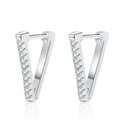 Triangle Moissanite Hoop Earrings in White Gold-Plated S925 Sterling Silver on clean white background showing minimal triangle hoop earrings with petite moissanite accents