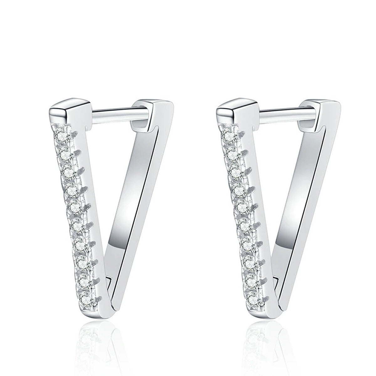 Triangle Moissanite Hoop Earrings in White Gold-Plated S925 Sterling Silver on clean white background showing minimal triangle hoop earrings with petite moissanite accents