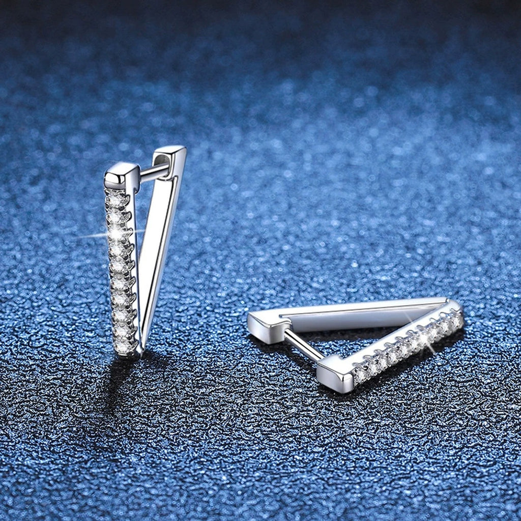Triangle Moissanite Hoop Earrings in White Gold-Plated S925 Sterling Silver blue scene angled view