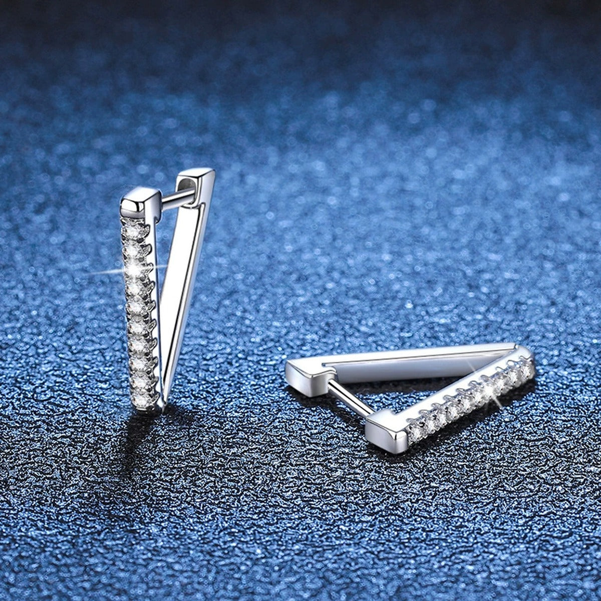 Triangle Moissanite Hoop Earrings in White Gold-Plated S925 Sterling Silver blue scene angled view