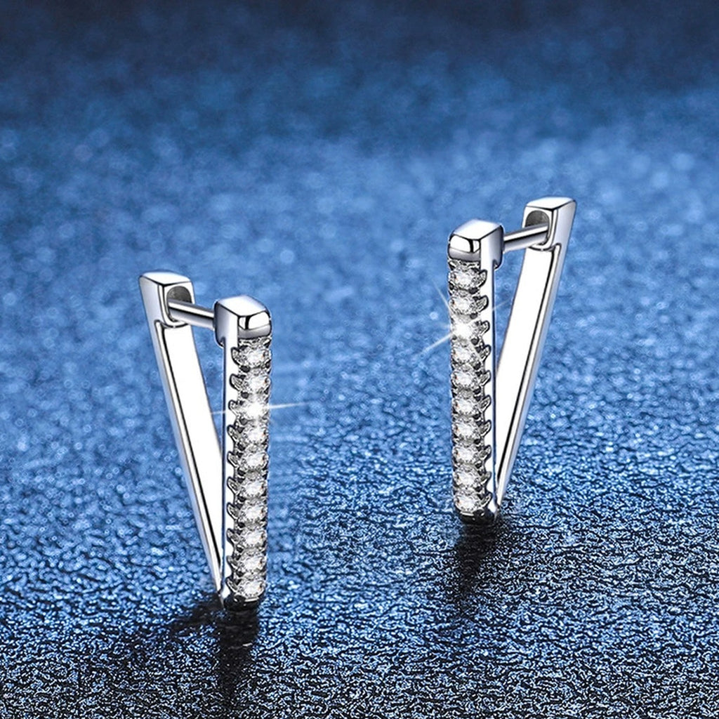 Triangle Moissanite Hoop Earrings in White Gold-Plated S925 Sterling Silver blue scene close-up view