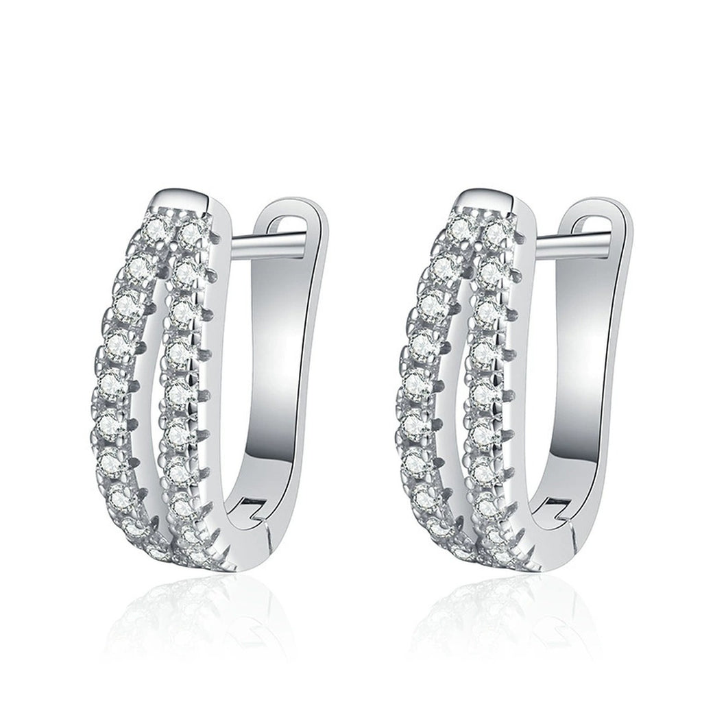 Pave Moissanite Hoop Earrings in White Gold-Plated S925 Sterling Silver on clean white background showing pave huggie hoops with a bright double-row front