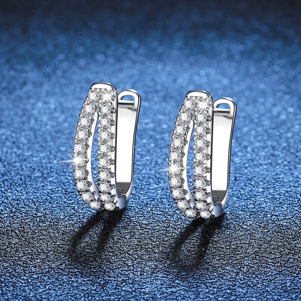 Pave Moissanite Hoop Earrings in White Gold-Plated S925 Sterling Silver blue scene angled view