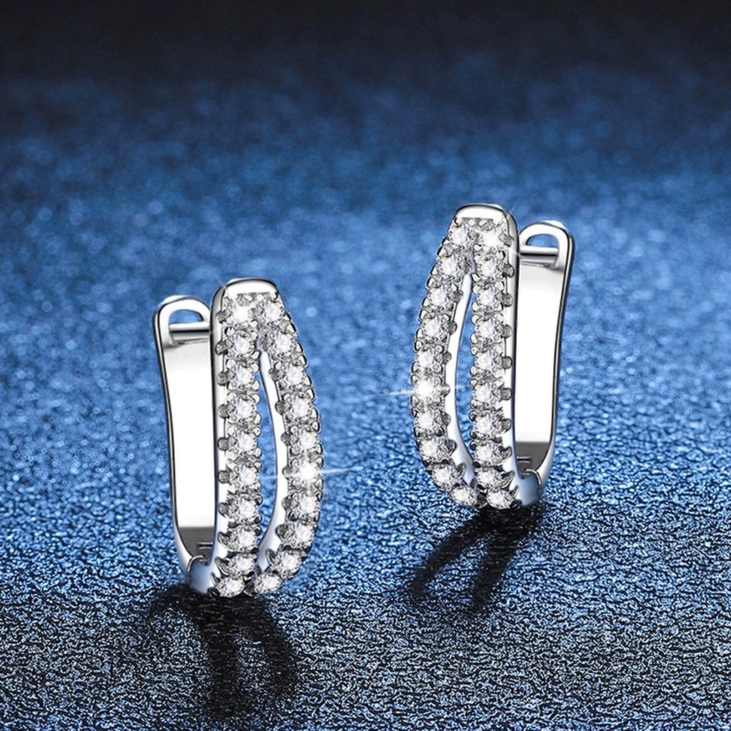 Pave Moissanite Hoop Earrings in White Gold-Plated S925 Sterling Silver blue scene close-up view
