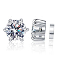 Round Moissanite Huggie Earrings in White Gold-Plated S925 Silver on clean white background showing compact huggie earrings with a round moissanite center