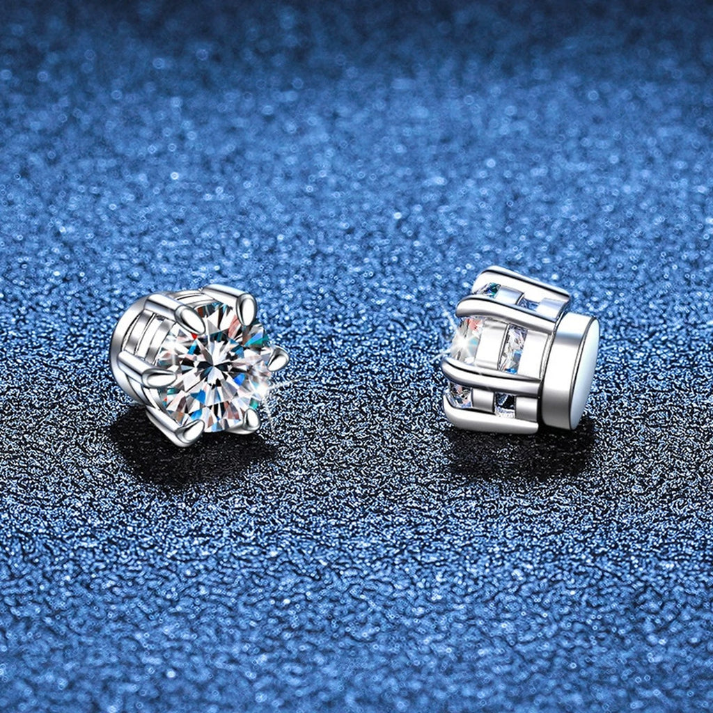 Round Moissanite Huggie Earrings in White Gold-Plated S925 Silver blue scene product view