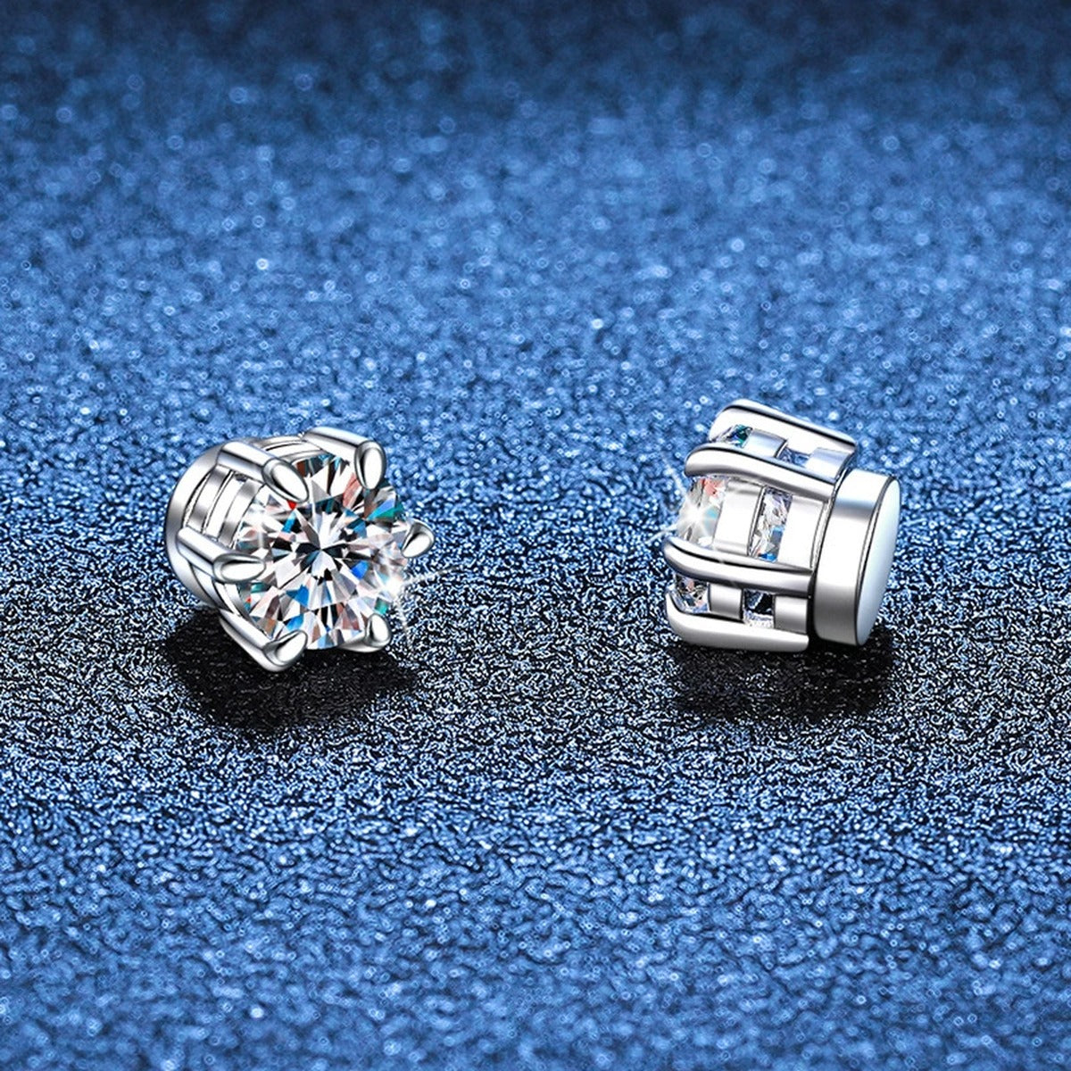 Round Moissanite Huggie Earrings in White Gold-Plated S925 Silver blue scene product view
