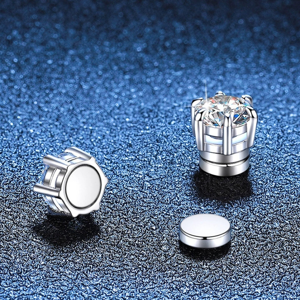 Round Moissanite Huggie Earrings in White Gold-Plated S925 Silver blue scene angled view