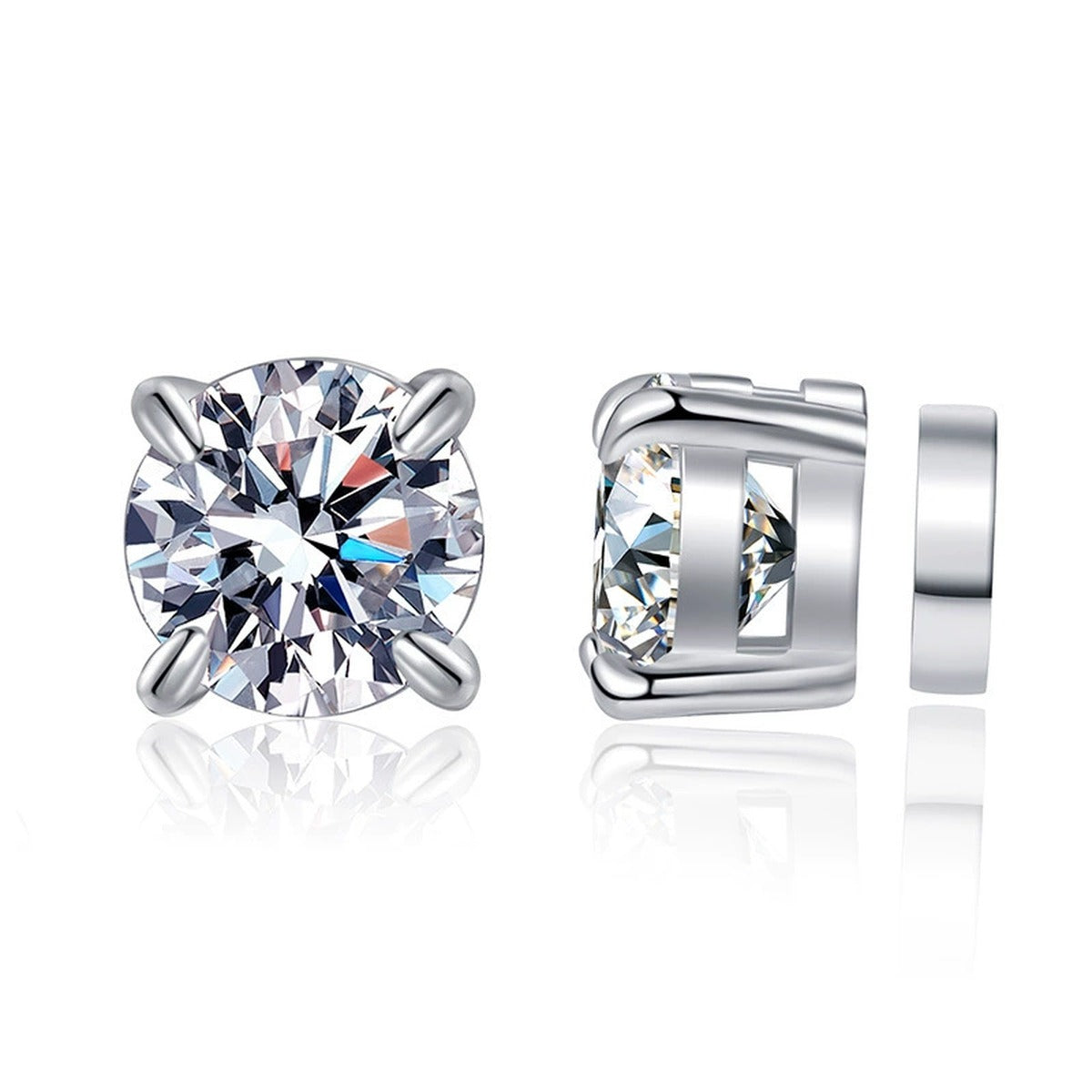 Magnetic Round Moissanite Clip-On Earrings in White Gold-Plated S925 on clean white background showing magnetic clip-on stud earrings with a round moissanite center