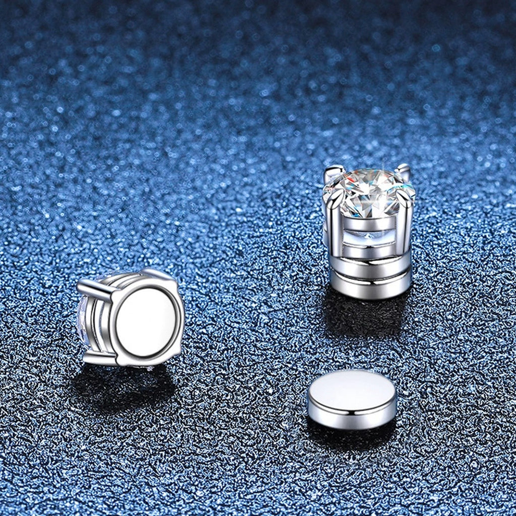 Magnetic Round Moissanite Clip-On Earrings in White Gold-Plated S925 blue scene angled view