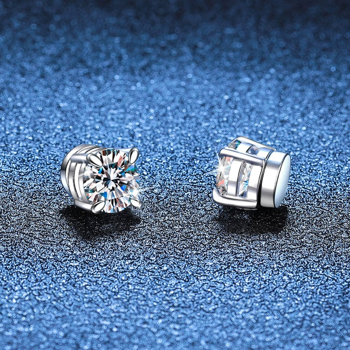 Magnetic Round Moissanite Clip-On Earrings in White Gold-Plated S925 blue scene close-up view