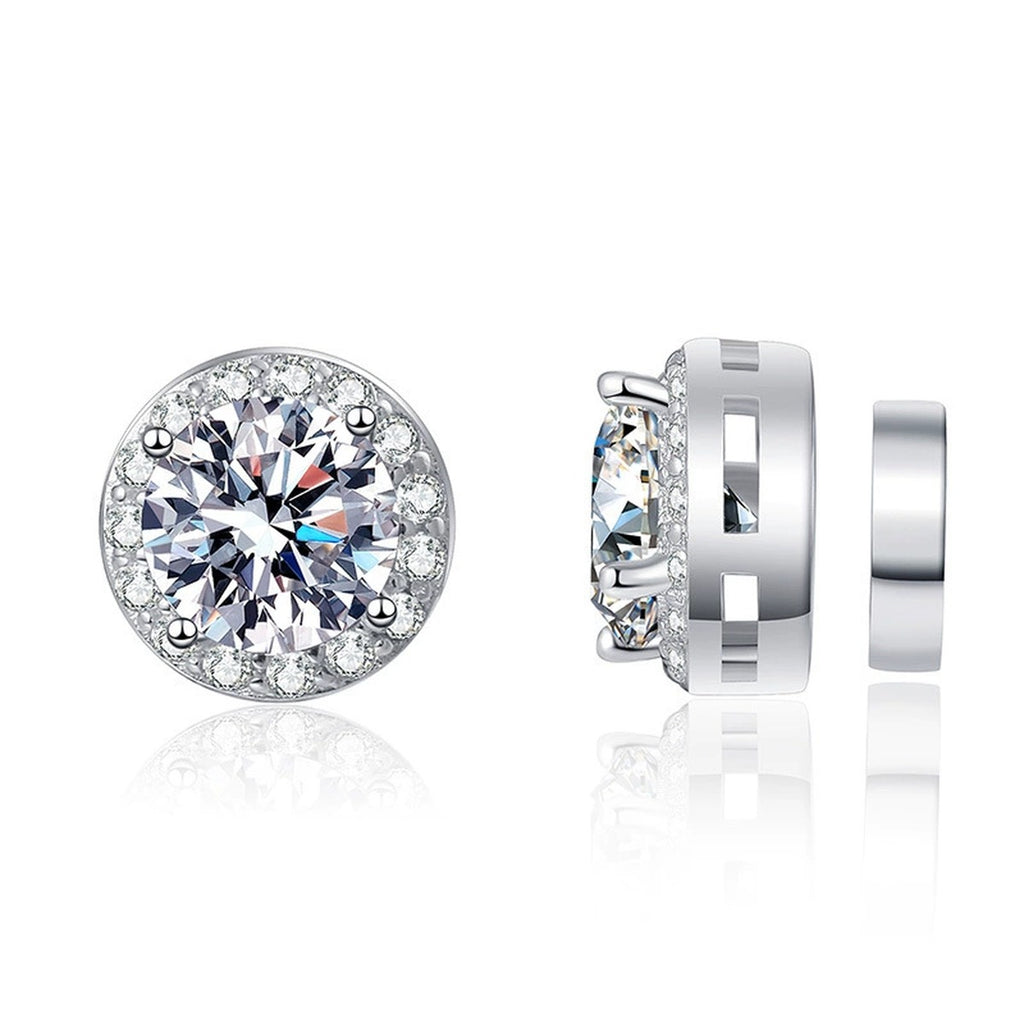 Magnetic Round Moissanite Clip-On Earrings with CZ in White Gold-Plated S925 on clean white background showing magnetic clip-on stud earrings with a round halo moissanite face