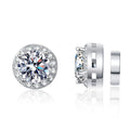 Magnetic Round Moissanite Clip-On Earrings with CZ in White Gold-Plated S925 on clean white background showing magnetic clip-on stud earrings with a round halo moissanite face
