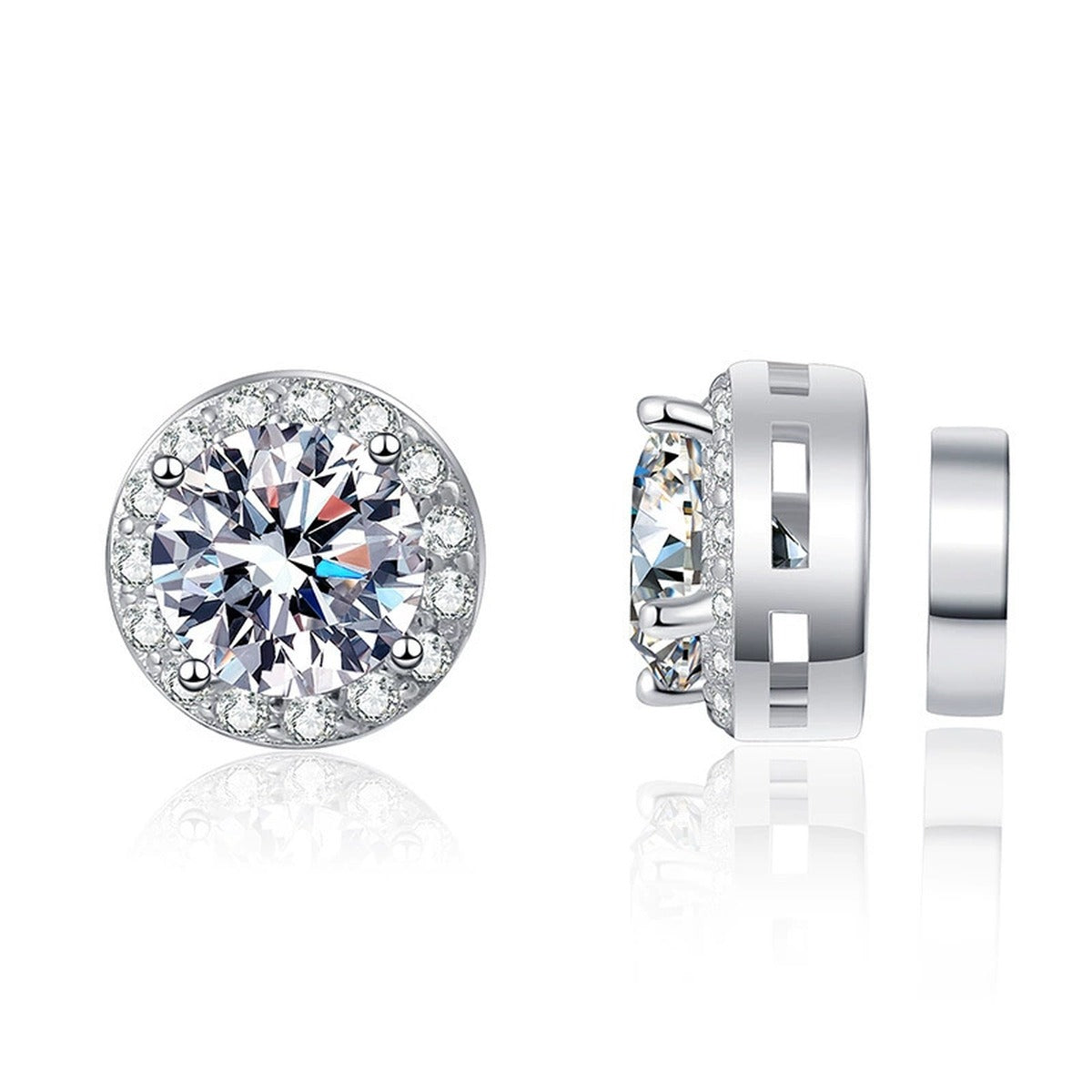 Magnetic Round Moissanite Clip-On Earrings with CZ in White Gold-Plated S925 on clean white background showing magnetic clip-on stud earrings with a round halo moissanite face