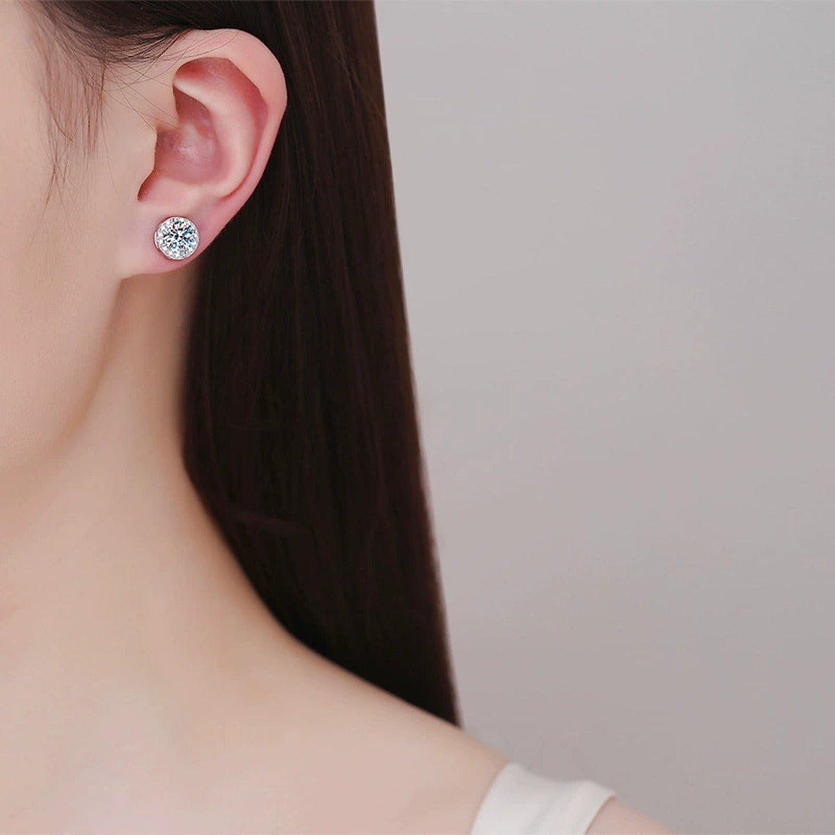 Magnetic Round Moissanite Clip-On Earrings with CZ in White Gold-Plated S925 worn on ear by model