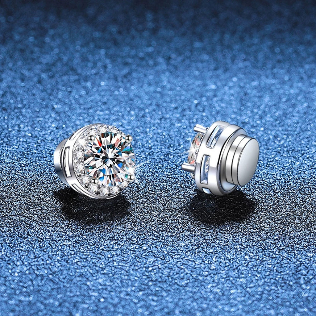 Magnetic Round Moissanite Clip-On Earrings with CZ in White Gold-Plated S925 blue scene product view