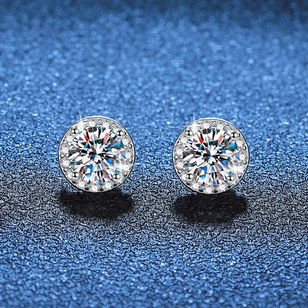 Magnetic Round Moissanite Clip-On Earrings with CZ in White Gold-Plated S925 blue scene angled view