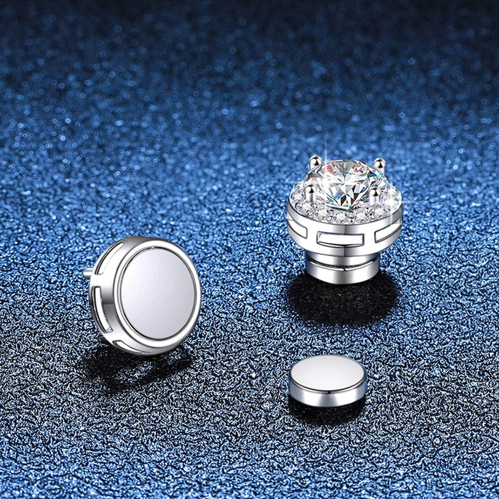 Magnetic Round Moissanite Clip-On Earrings with CZ in White Gold-Plated S925 blue scene close-up view