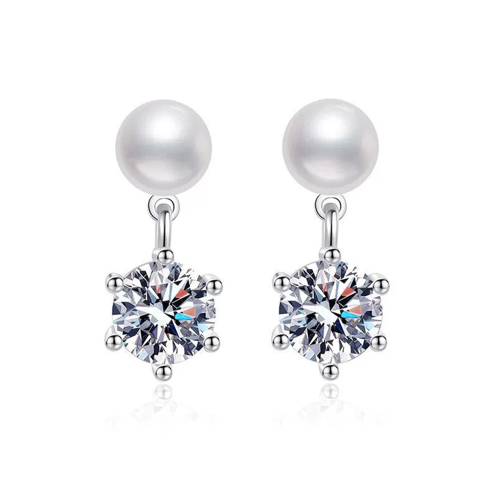Pearl Moissanite Stud Drop Earrings in White Gold-Plated S925 Sterling Silver on clean white background showing a pearl and round moissanite stud drop silhouette