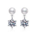 Pearl Moissanite Stud Drop Earrings in White Gold-Plated S925 Sterling Silver on clean white background showing a pearl and round moissanite stud drop silhouette