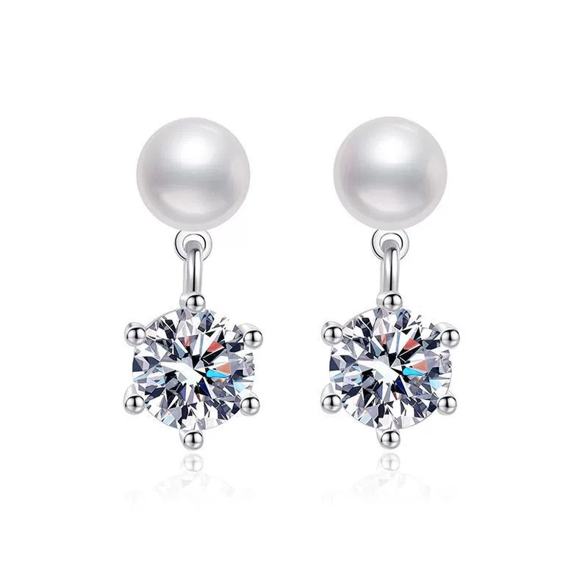 Pearl Moissanite Stud Drop Earrings in White Gold-Plated S925 Sterling Silver on clean white background showing a pearl and round moissanite stud drop silhouette