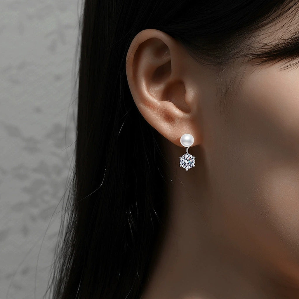 Pearl Moissanite Stud Drop Earrings in White Gold-Plated S925 Sterling Silver worn on ear by model