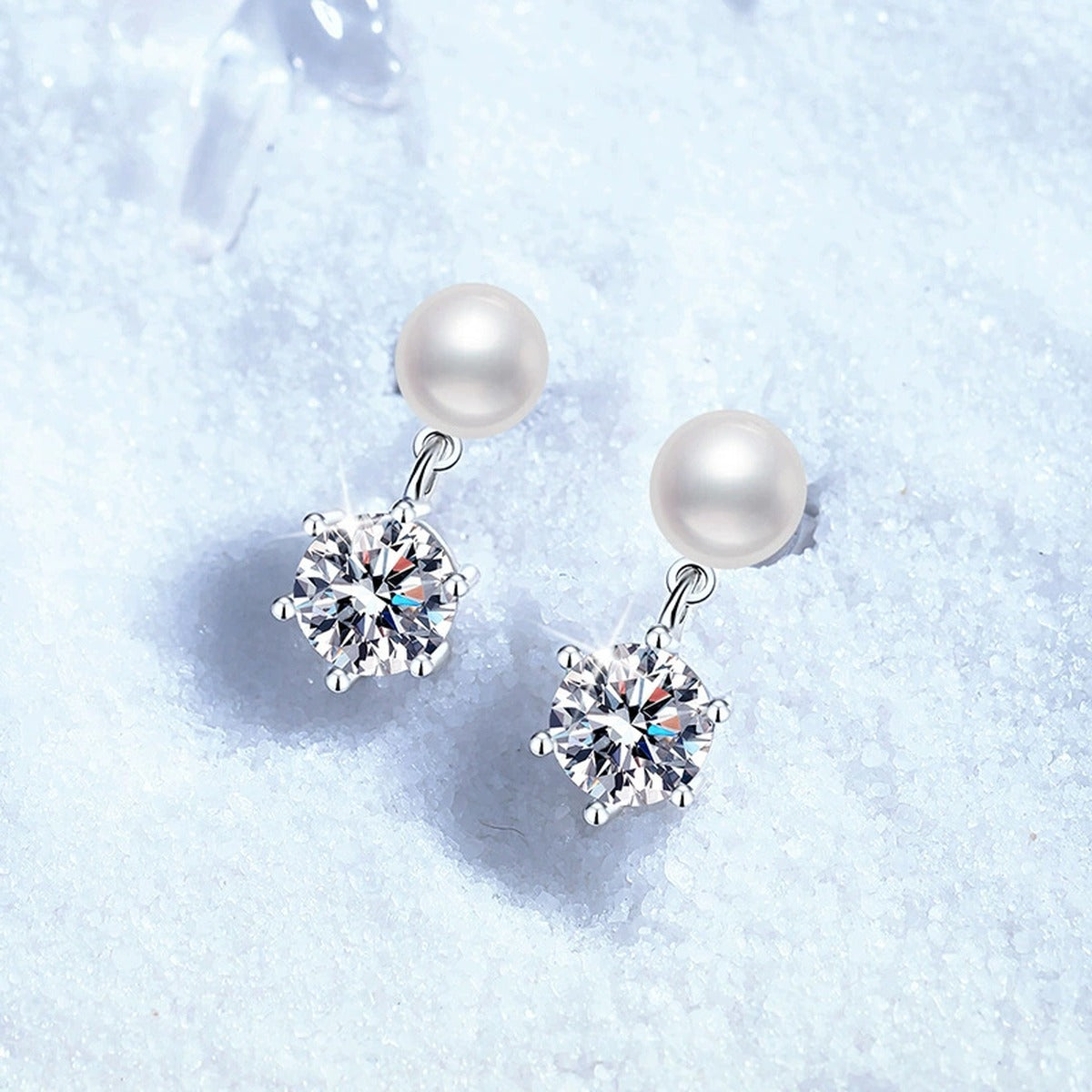 Pearl Moissanite Stud Drop Earrings in White Gold-Plated S925 Sterling Silver blue scene product view