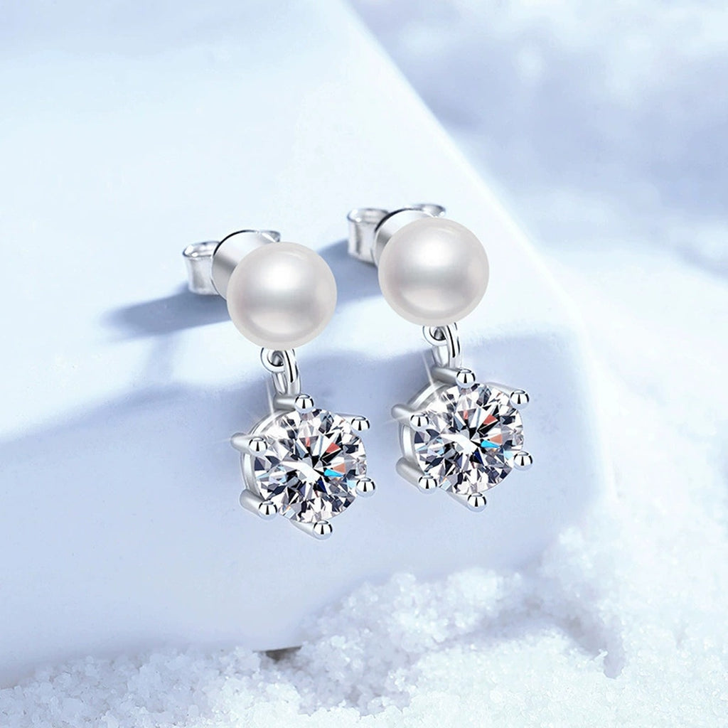 Pearl Moissanite Stud Drop Earrings in White Gold-Plated S925 Sterling Silver blue scene angled view