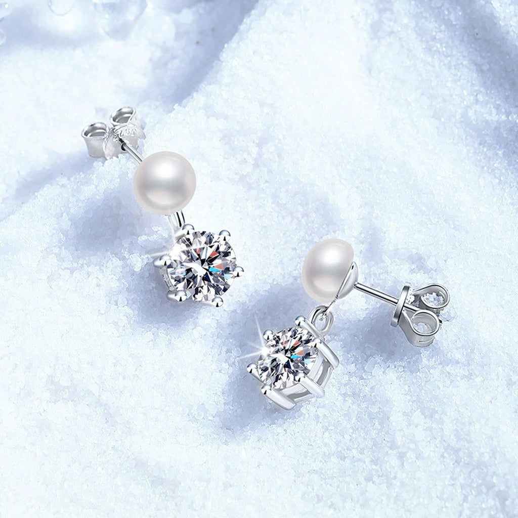 Pearl Moissanite Stud Drop Earrings in White Gold-Plated S925 Sterling Silver close-up product detail view