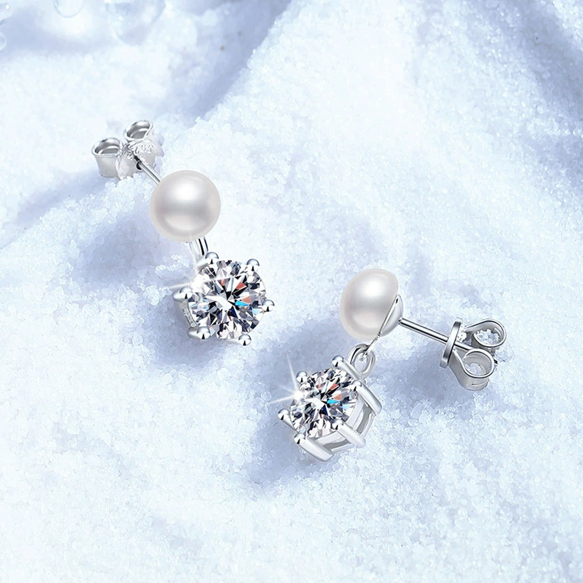 Pearl Moissanite Stud Drop Earrings in White Gold-Plated S925 Sterling Silver close-up product detail view