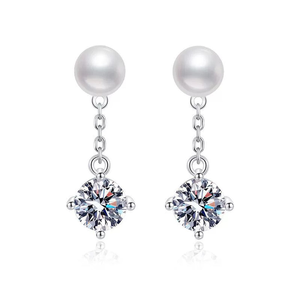 Pearl Chain Moissanite Stud Drop Earrings in White Gold-Plated S925 Sterling Silver on clean white background showing a pearl stud with a delicate chain and moissanite drop
