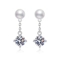 Pearl Chain Moissanite Stud Drop Earrings in White Gold-Plated S925 Sterling Silver on clean white background showing a pearl stud with a delicate chain and moissanite drop
