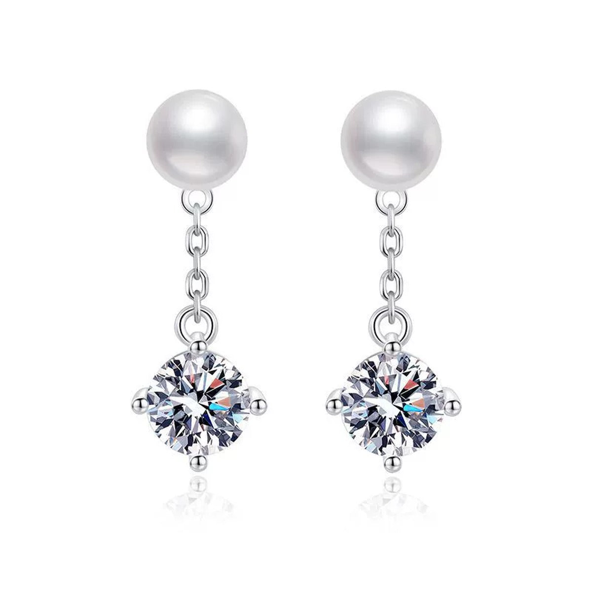 Pearl Chain Moissanite Stud Drop Earrings in White Gold-Plated S925 Sterling Silver on clean white background showing a pearl stud with a delicate chain and moissanite drop