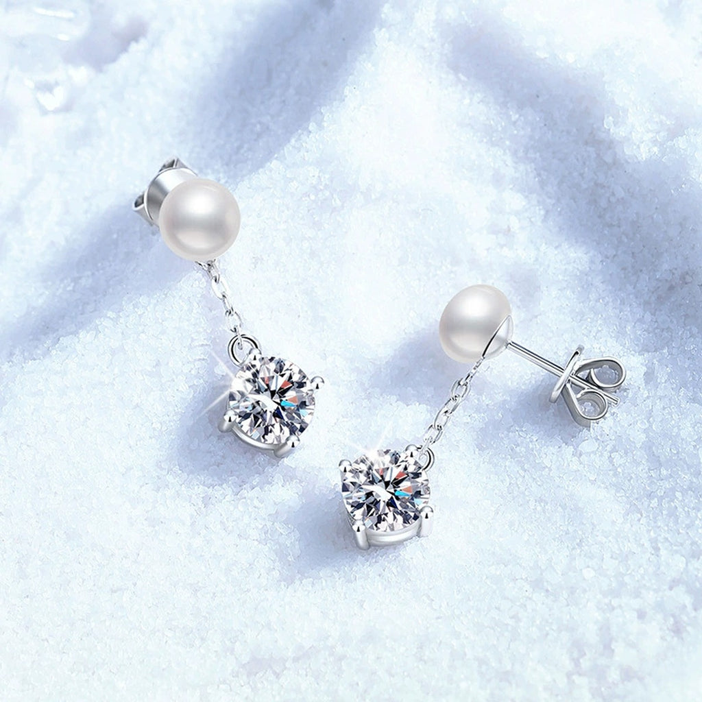 Pearl Chain Moissanite Stud Drop Earrings in White Gold-Plated S925 Sterling Silver close-up product detail view