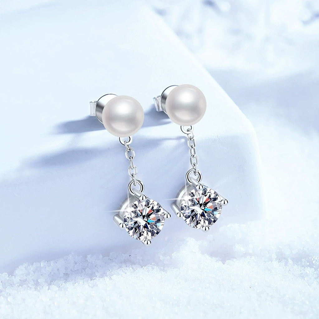 Pearl Chain Moissanite Stud Drop Earrings in White Gold-Plated S925 Sterling Silver close-up product detail view