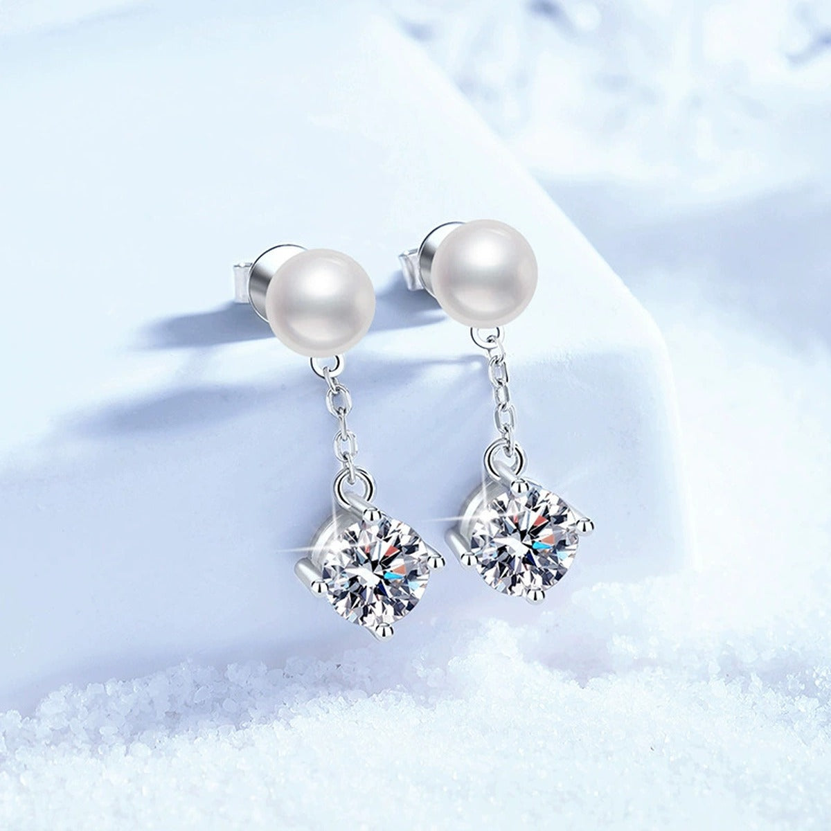 Pearl Chain Moissanite Stud Drop Earrings in White Gold-Plated S925 Sterling Silver close-up product detail view