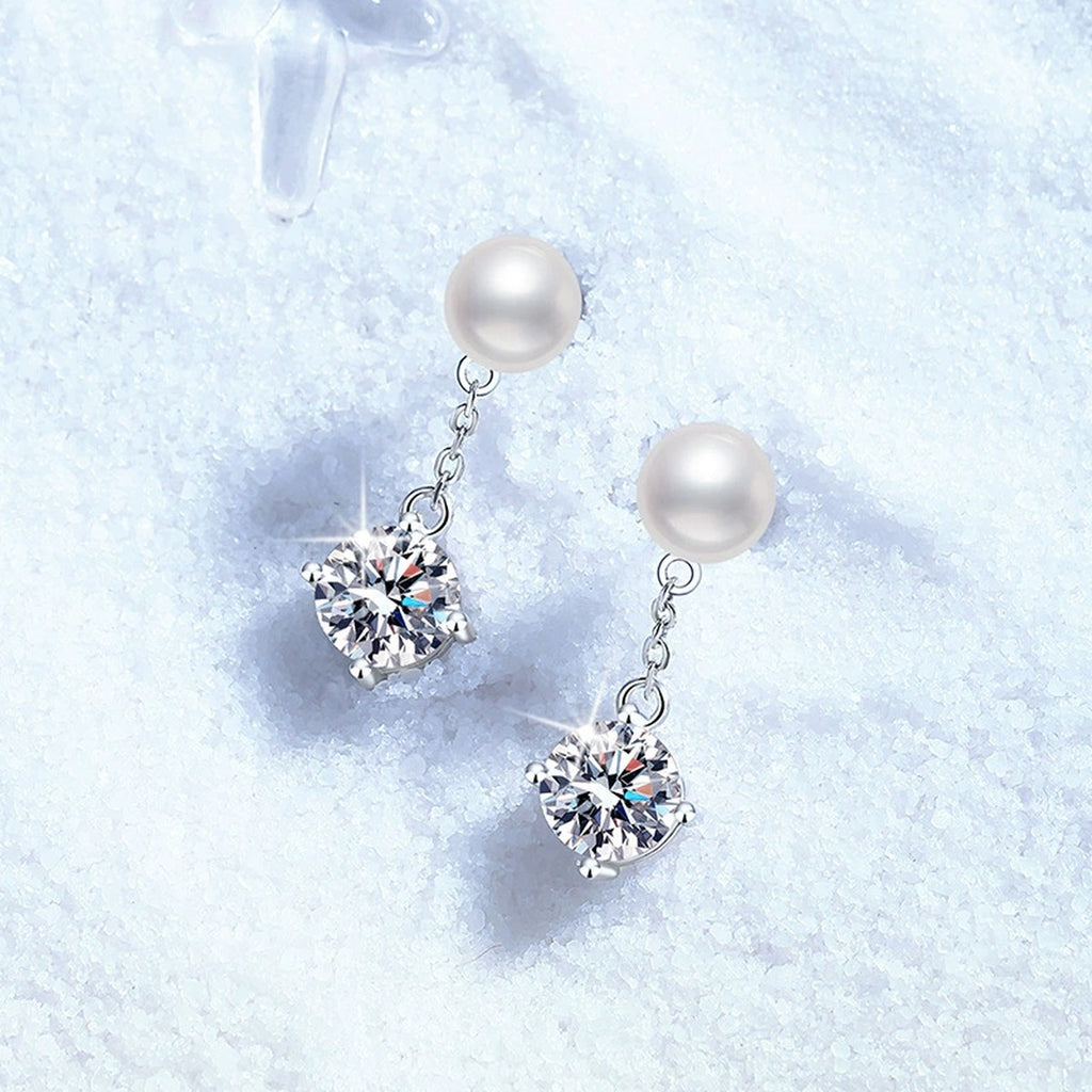 Pearl Chain Moissanite Stud Drop Earrings in White Gold-Plated S925 Sterling Silver close-up product detail view