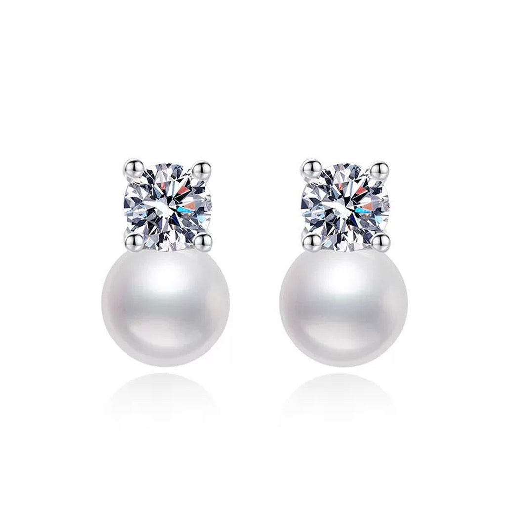 Square Moissanite Pearl Stud Earrings in White Gold-Plated S925 Sterling Silver on clean white background showing a square moissanite top with a pearl stud base