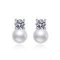Square Moissanite Pearl Stud Earrings in White Gold-Plated S925 Sterling Silver on clean white background showing a square moissanite top with a pearl stud base