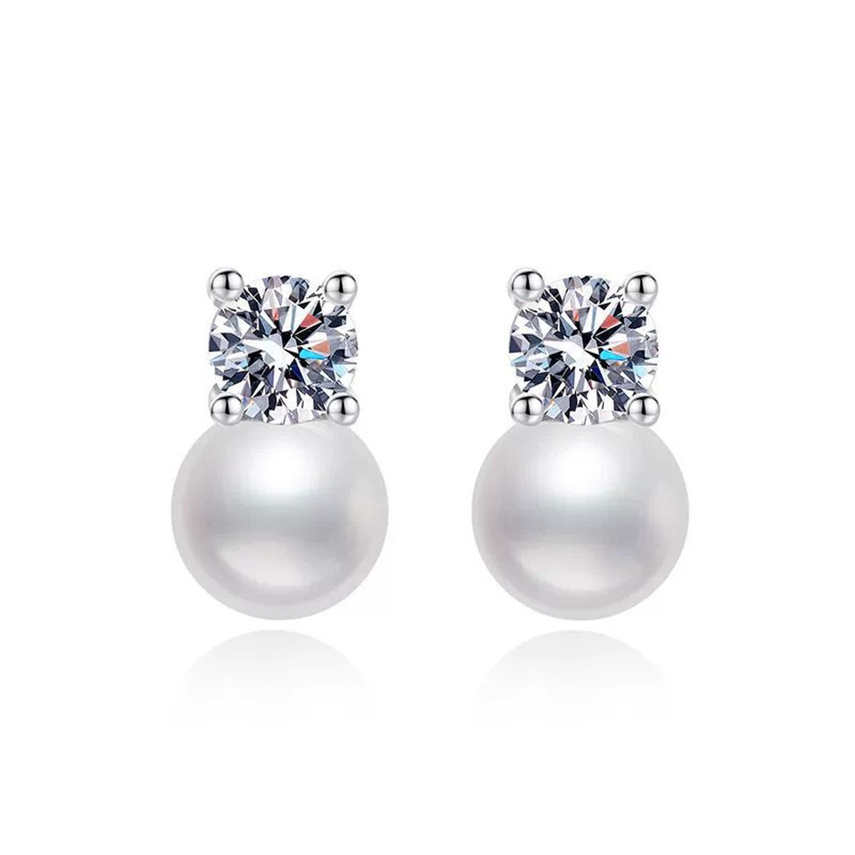 Square Moissanite Pearl Stud Earrings in White Gold-Plated S925 Sterling Silver on clean white background showing a square moissanite top with a pearl stud base