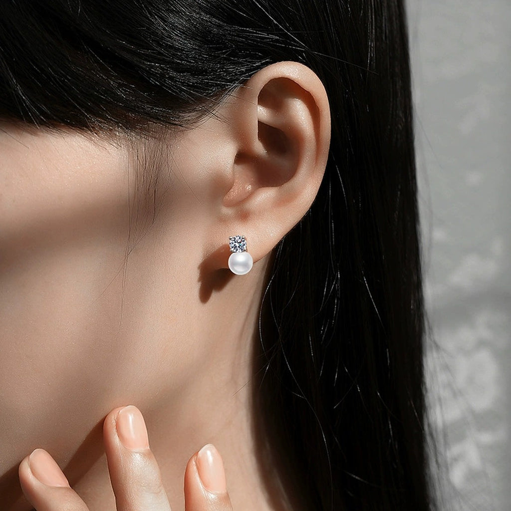Square Moissanite Pearl Stud Earrings in White Gold-Plated S925 Sterling Silver worn on ear by model